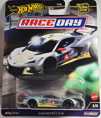 Hot Wheels Corvette C8.R race car in packaging with 'Race Day' and 'Car Culture' branding.