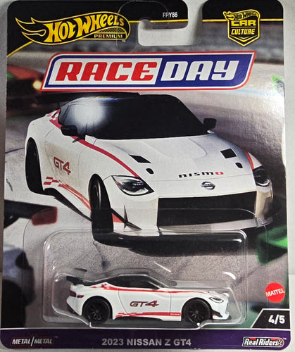Hot Wheels 2023 Nissan Z GT4 car in packaging with 'Race Day' and 'Real Riders' branding.