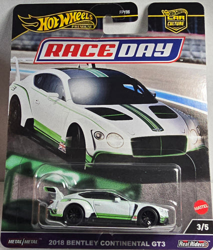 Hot Wheels 2018 Bentley Continental GT3 toy car in packaging with 'Race Day' and 'Car Culture' branding.