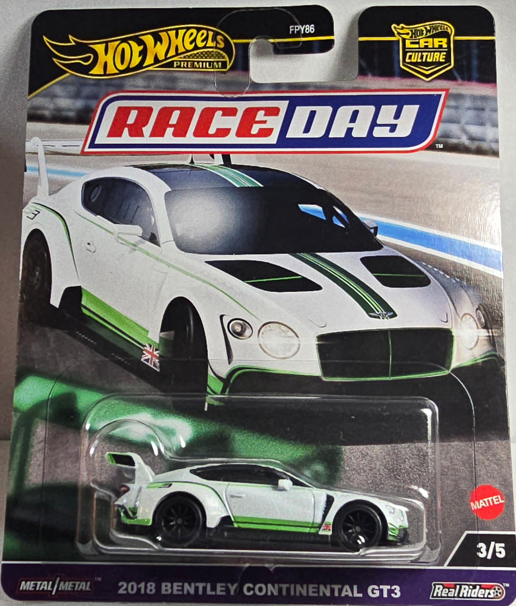 Hot Wheels 2018 Bentley Continental GT3 toy car in packaging with 'Race Day' and 'Car Culture' branding.