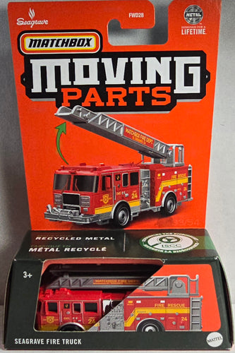 Matchbox Seagrave fire truck toy in packaging with 'Moving Parts' branding.