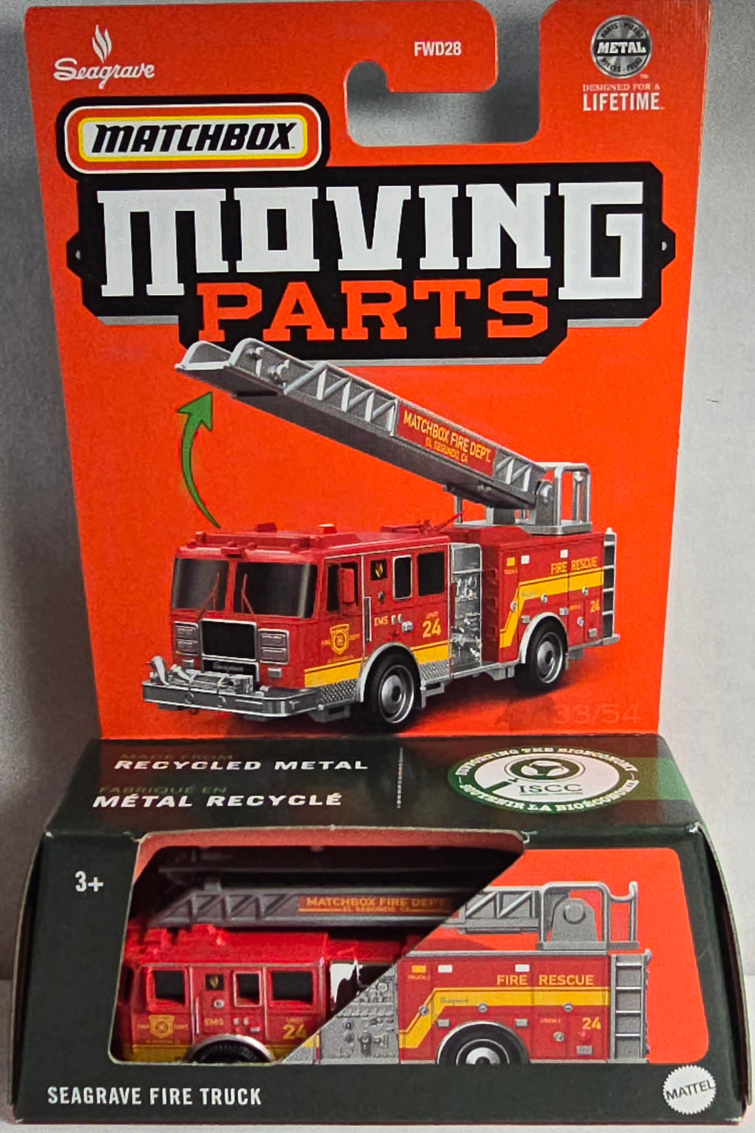 Matchbox Seagrave fire truck toy in packaging with 'Moving Parts' branding.