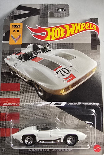Hot Wheels Corvette Stingray toy car in packaging with Hot Wheels logo.
