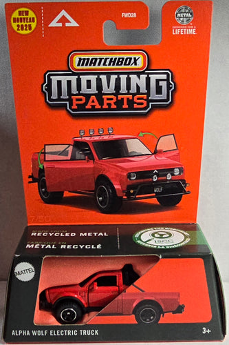 Matchbox Alpha Wolf Electric Truck in packaging with orange and black design